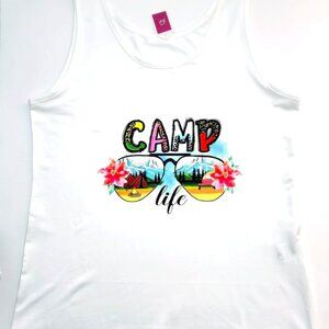 Embrace the outdoors with this custom 'Camp Life' tank top in white, featuring a